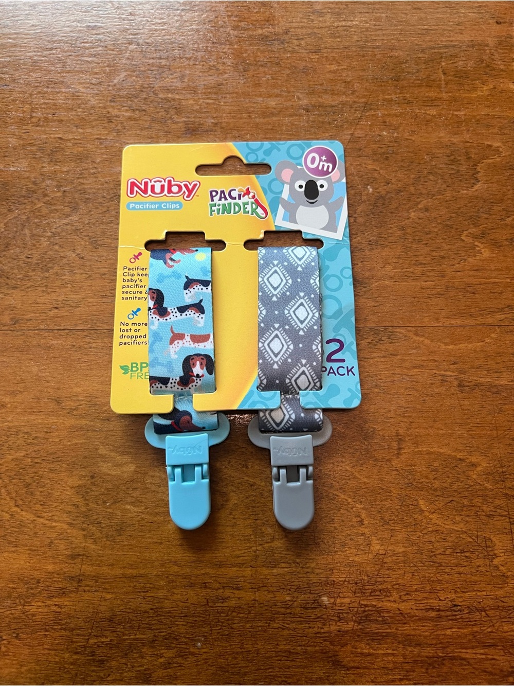 NWT Nuby Pacifinder Pacifier Clips 2 Pack Dog Print Gray Blue Baby
